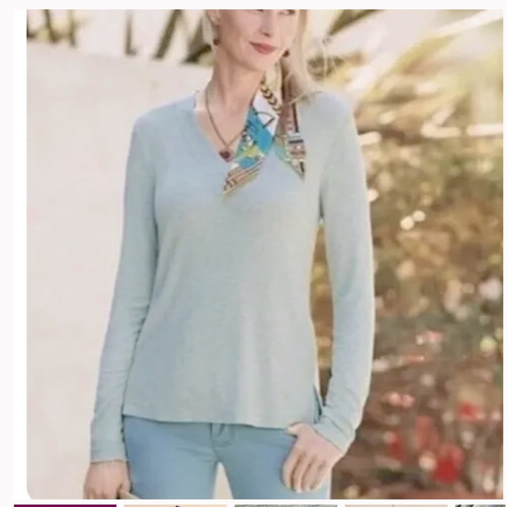 427 NWOT CAbi Sea Glass Green V-Neck Long Sleeve Top Soft Minimalist Small